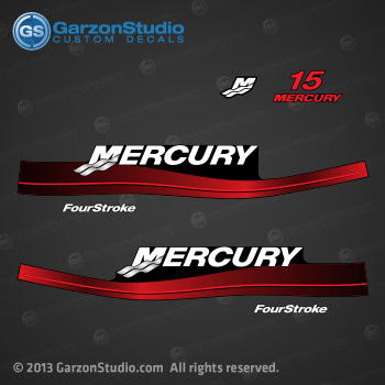 1999 2000 2001 2002 2003 2004 2005 2006 MERCURY 15 hp 15hp 10 hp fourstroke four-stroke 4-stroke decal set red decals cowling graphics part number (2000 And Above) 37-859267-6 Mercury Stbd Side decal, 37-859267-5 Mercury Port Side decal, M8592673 800 Mercury 15 hp rear decal, 802739A00 DECAL SET (15-Black-Non-Bigfoot) (2000 Thru 2004)